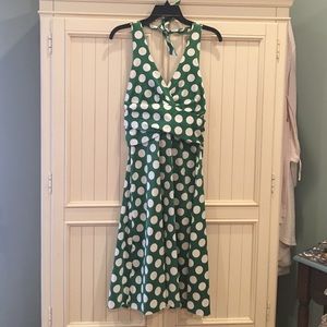 Kelly green and white polka dot halter dress.